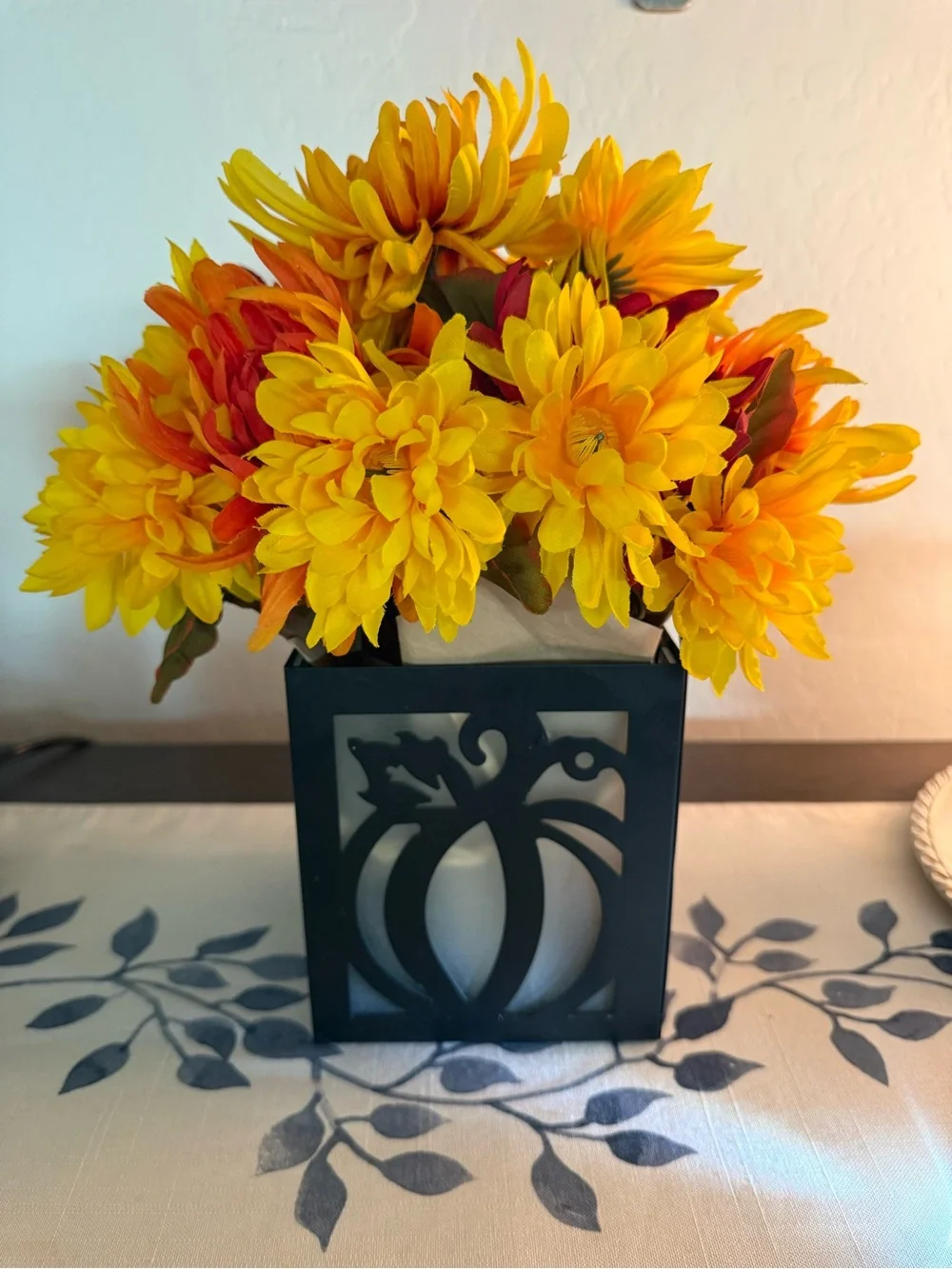 Autumn Cottagecore Artificial Floral Arrangement in Frosted Glass and Metal Box